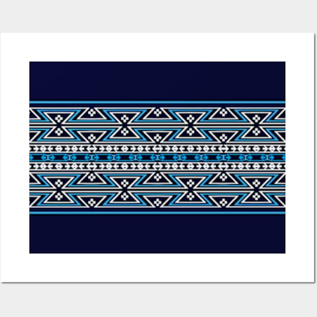 Native American Traditional Ethnic Tribal Geometric Navajo Blanket Motif Pattern Blue Wall Art by oknoki